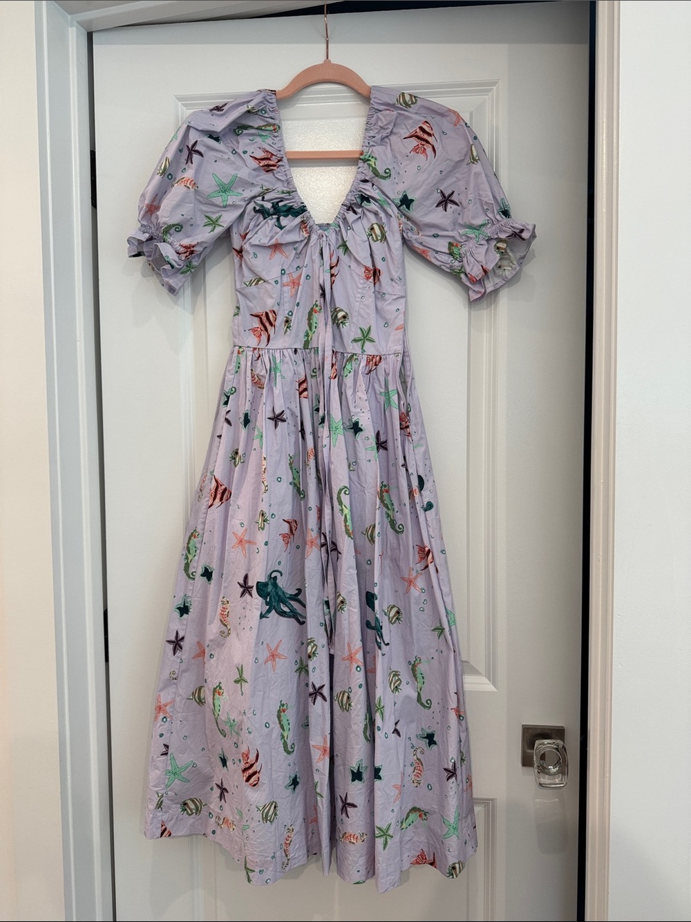 The Ophelia Dress in Sea Creatures Poplin Lilac Sea Life Puff-Sleeve Midi Dress